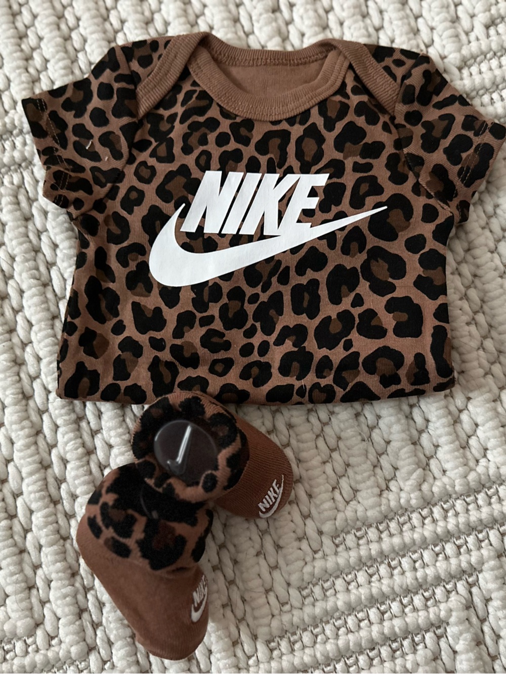 Nike Brown Leopard Print Baby Bodysuit with Matching Booties and Pants